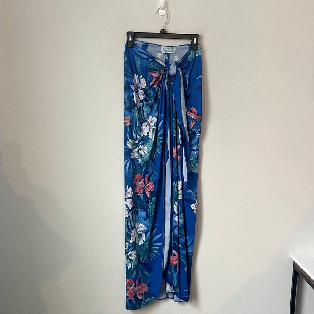 Vtg Sand Pebble Hawaii Tropical Wrap Sarong Skirt Blue Floral Resort Beach ♠️